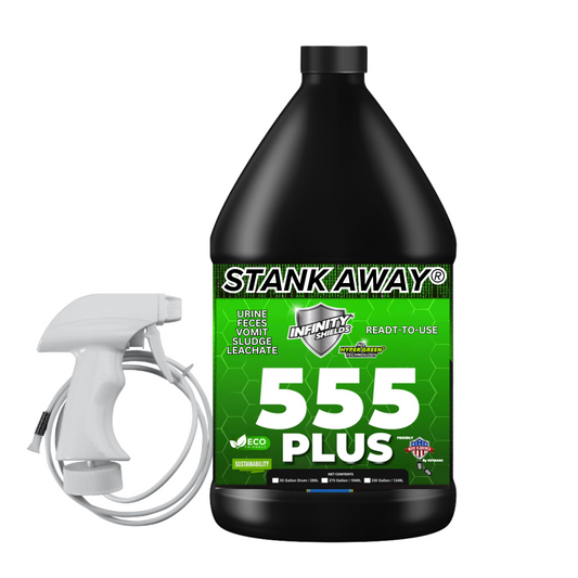 Infinity Shields Stank Away | 555Plus Hyper Green® Odor Eliminator | 128 oz Jug Remote Sprayer | Unscented | Ready-To-Use