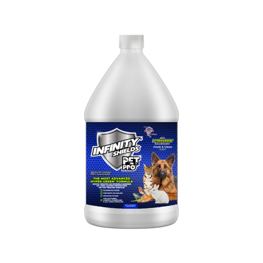 Infinity Shields® Pet Pro™ | Quitamanchas y olores de mascotas | Previene la reaparición de suciedad | Jarra de 1 galón | fresco y limpio)