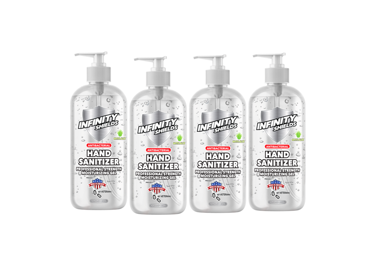 Paquete de 4 gel desinfectante antibacteriano para manos Infinity Shields® con aloe - Fuerza profesional, deja las manos limpias e inodoro 32 oz (paquete de 4)