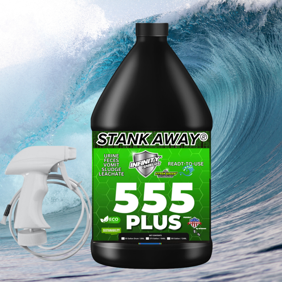 Infinity Shields Stank Away | 555Plus Hyper Green® Odor Eliminator | 128 oz Jug Remote Sprayer | Ocean Breeze