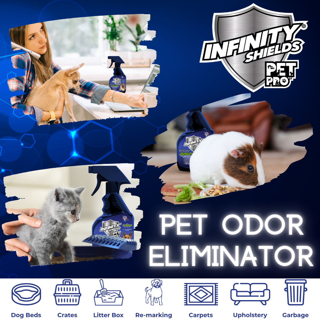 Escudos infinitos Pet Pro™ | Eliminador de olores y manchas | Previene la reaparición de suciedad | Aerosol de 12 onzas | Fresco y limpio