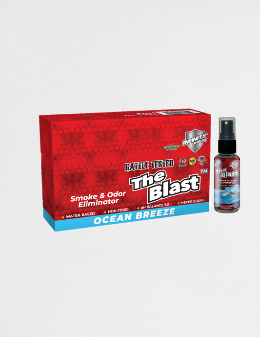 Eliminador de olores y humo The Blast™ | Paquete de 6 mangas | Mini pulverizadores de niebla de 1,67 oz Ocean Breeze 