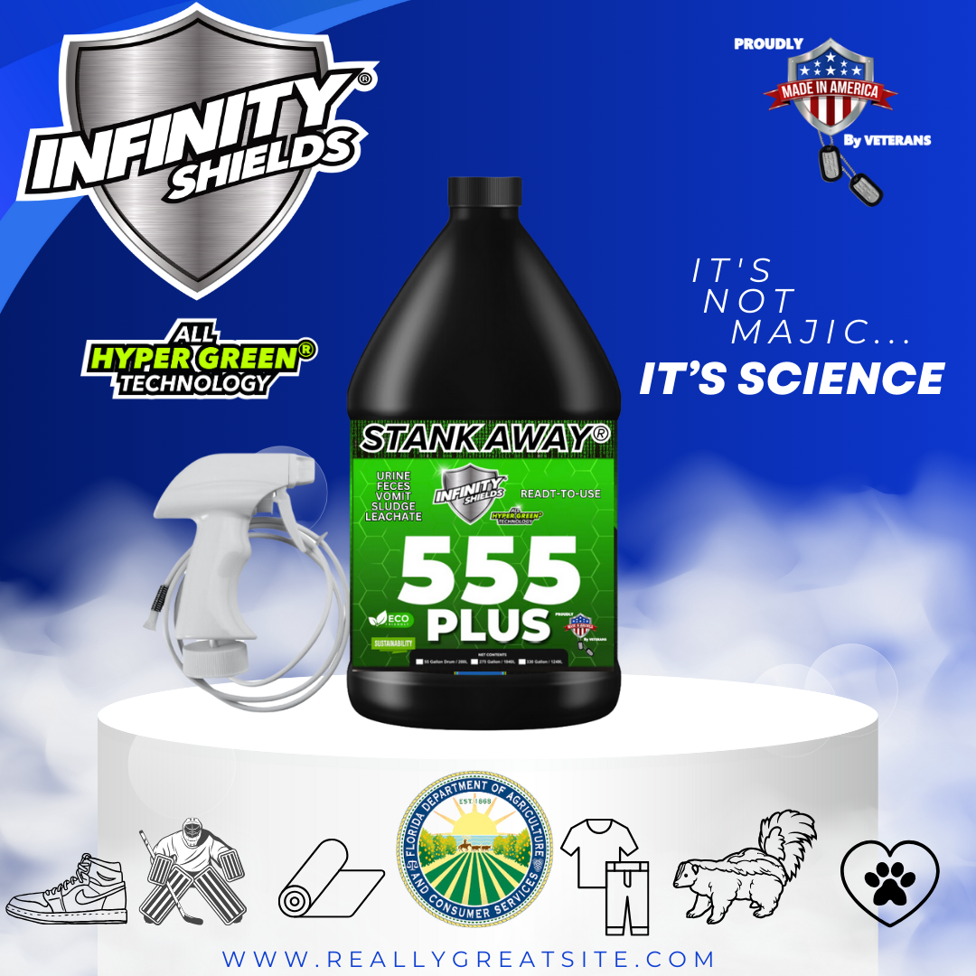 Infinity Shields Stank Away | 555Plus Hyper Green® Odor Eliminator | 128 oz Jug Remote Sprayer | Orange