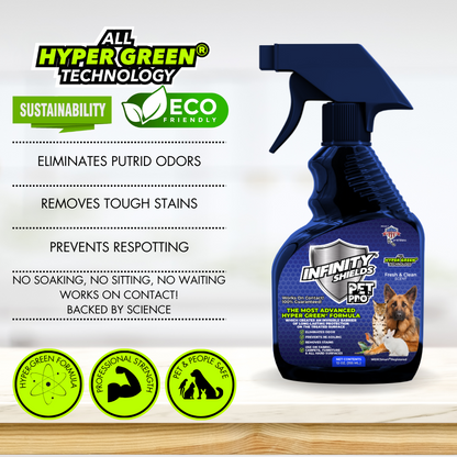 Infinity Shields Pet Pro™ | Détachant d'odeurs et de taches | Empêche la re-salissure | Spray hyper vert 12oz | Frais et propre | Boîte de 12 flacons pulvérisateurs