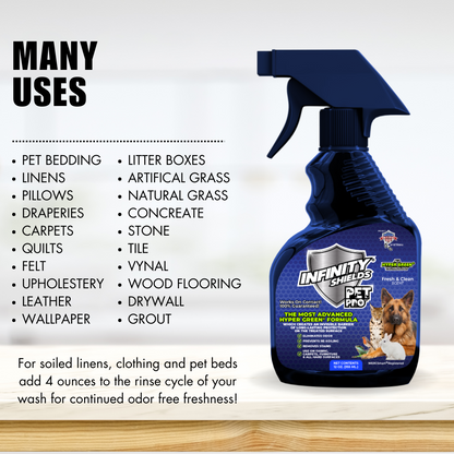 Escudos infinitos Pet Pro™ | Eliminador de olores y manchas | Previene la reaparición de suciedad | Spray hiperverde de 12 oz | Fresco y limpio | Caja de 12 botellas de spray